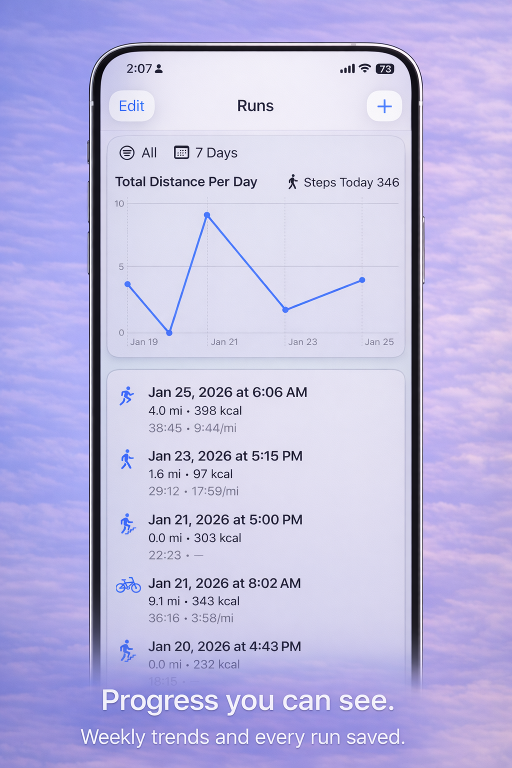 Run tracking showing distance trends, pace, and session history